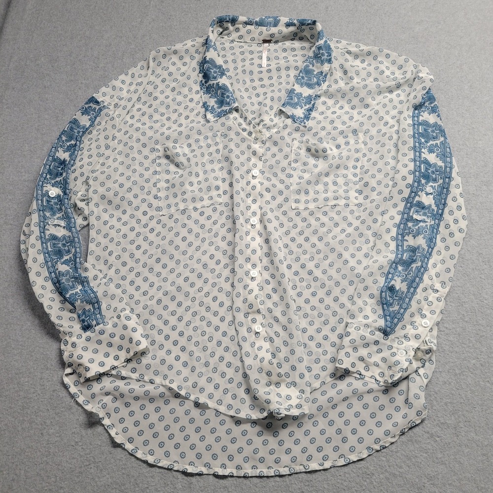 Free People Easy Rider Floral Button Down Shirt In Tea Combo Women's Medium Blue